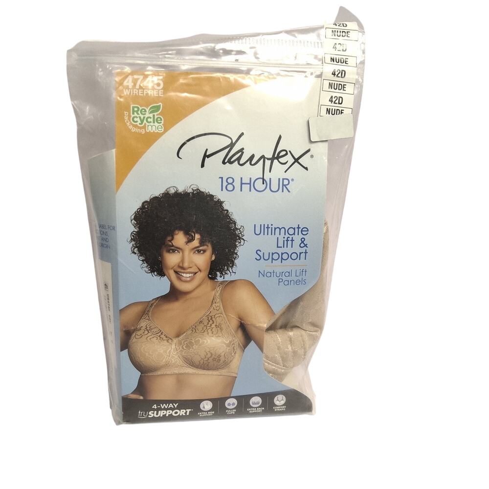 Playtex 18 Hour Ultimate Lift Support Bra Womens 42D Nude Wirefree Full Coverage